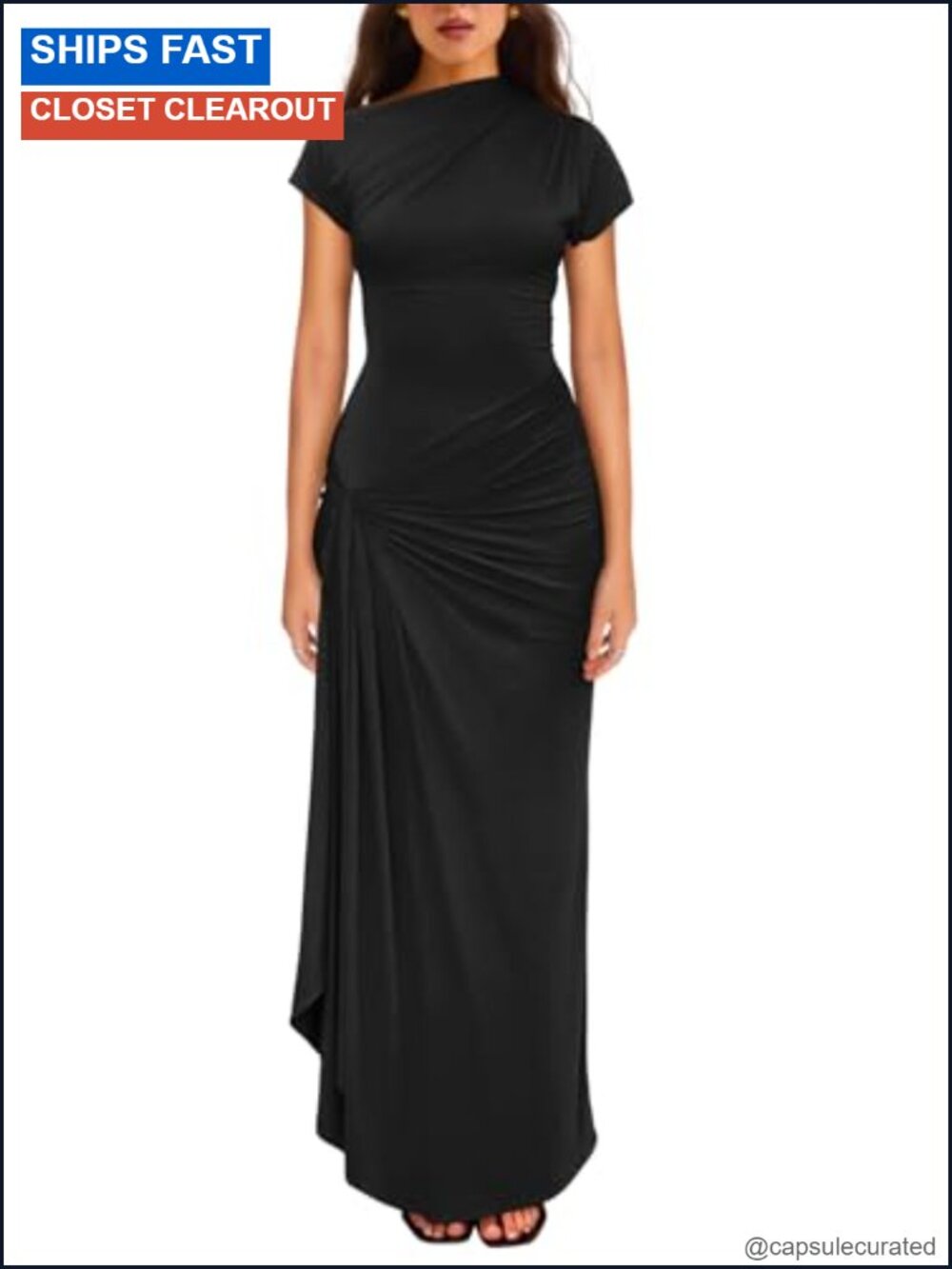 YMDUCH Women's Ruched Split Maxi Dress Short Sleeve Slim Fit Party